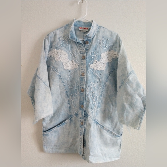 Vintage Jackets & Blazers - Fantastic Modified Vintage Acid Wash Denim Jacket with Lace Raw Hems Size 12